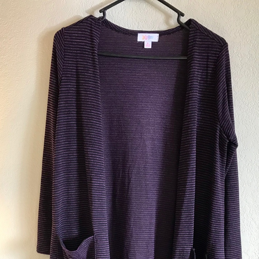 LuLaRoe Small Sarah Sweater Purple/Black Stripe